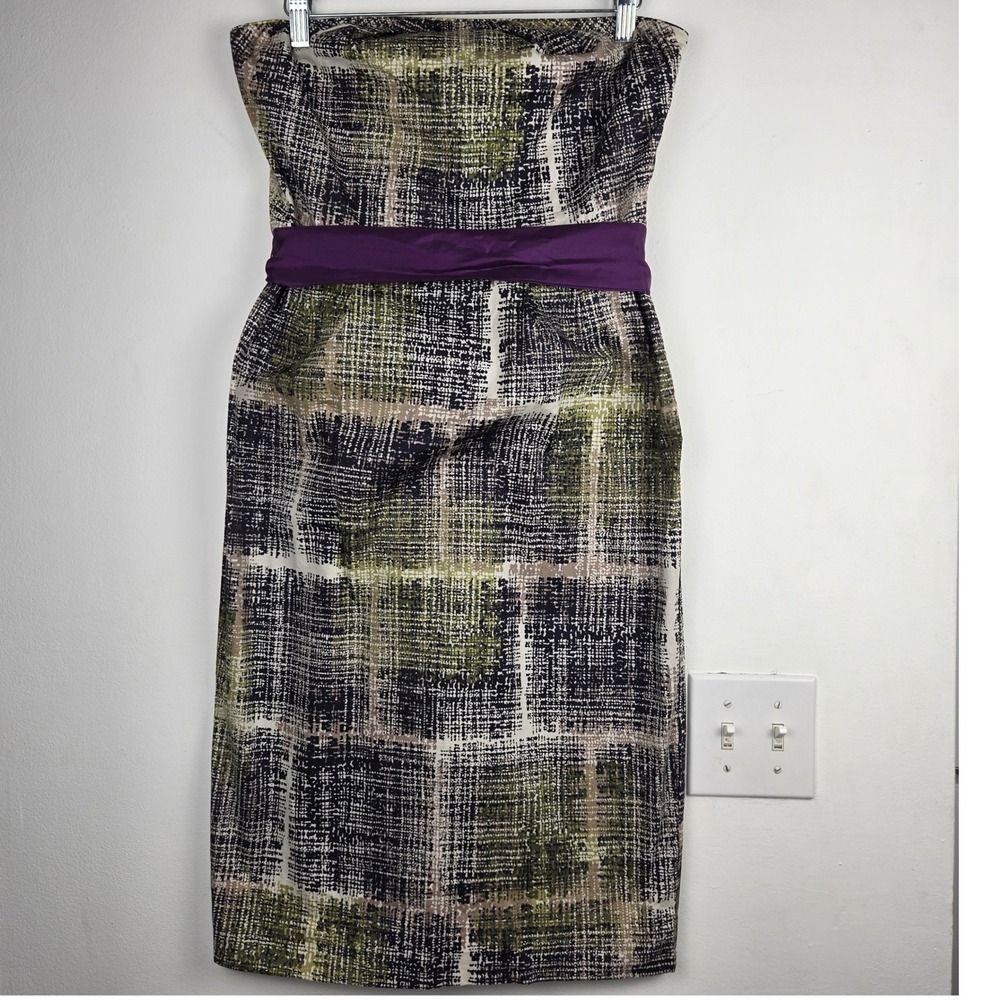 Anthropologie Edme & Esyllte Strapless Grid Print Dress Purple Sash Green Black
